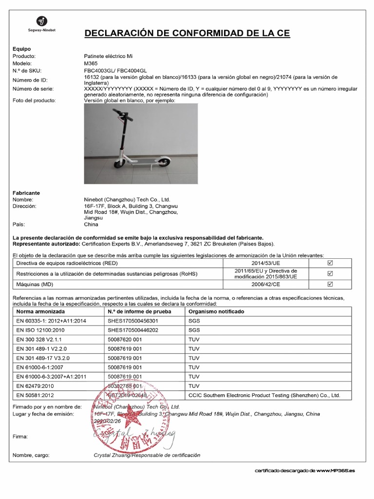 Certificado Xiaomi M365 PDF