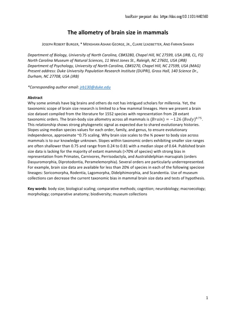 The Allometry of Brain Size in Mammals | PDF | Mammals | Brain