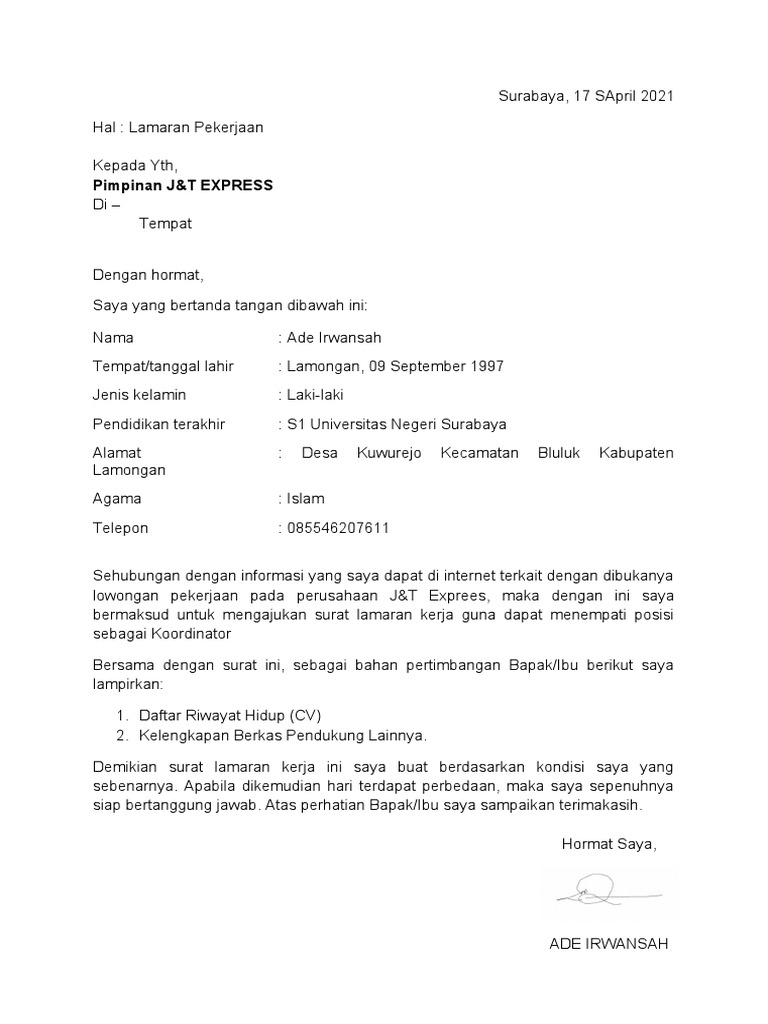 Surat Lamaran Kerja J&T | PDF