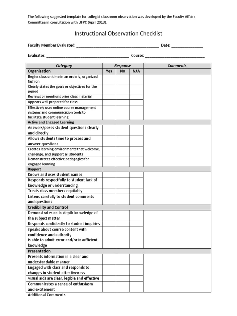 Sample College Instructional Observation Checklist | PDF