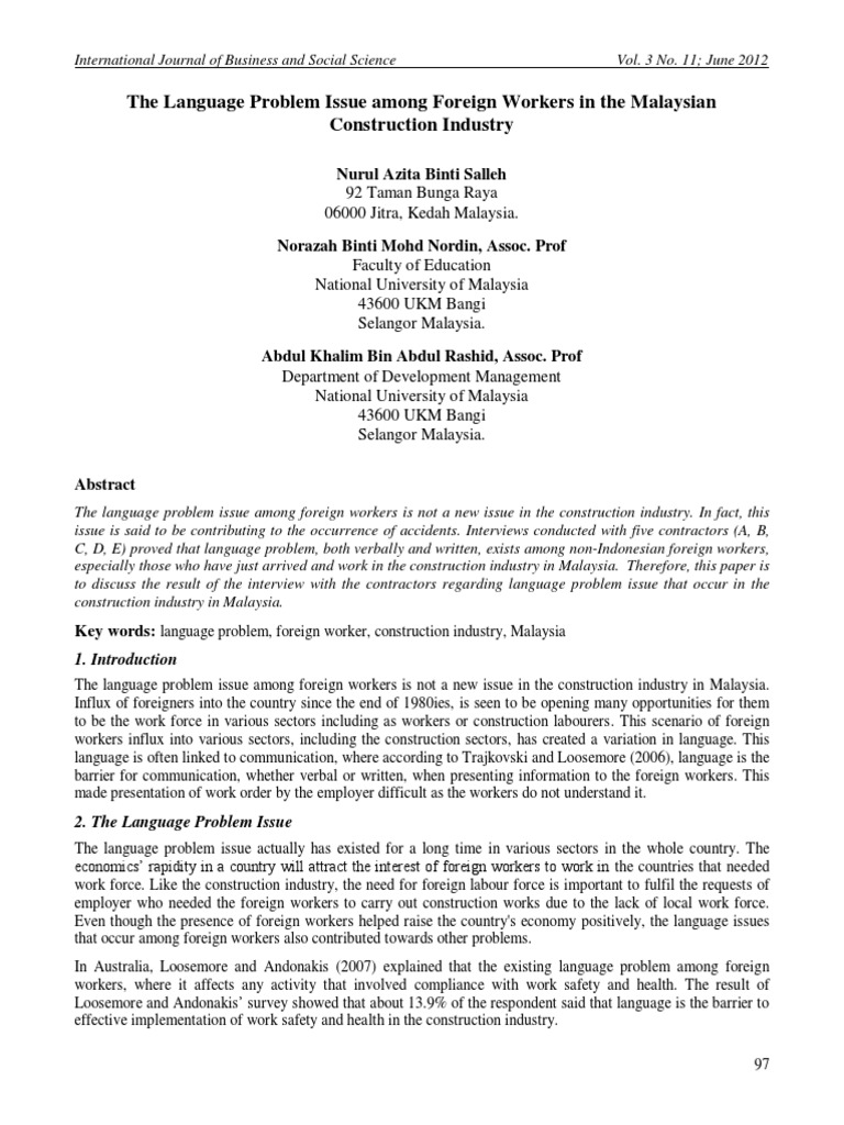 Language Problems Among Foreign Workers PDF Malaysia Employment