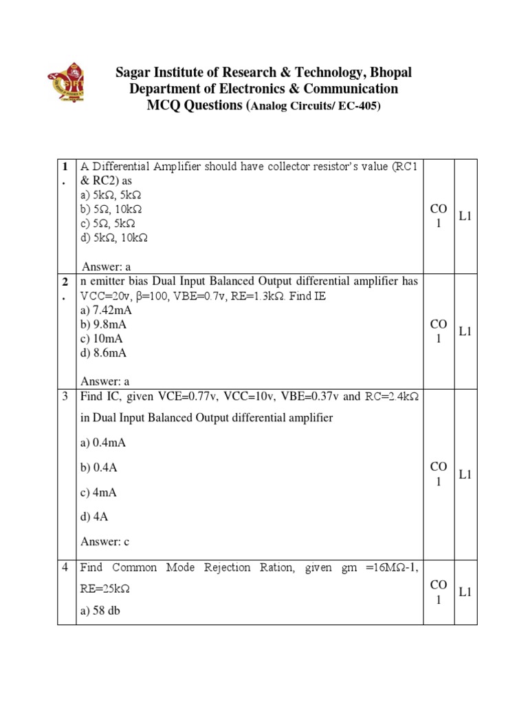 MCQ Questions Analog Circuits (EC405) PDF Amplifier Operational