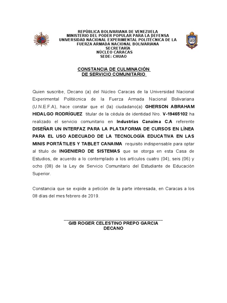 Carta de Culminación de Servicio Comunitario PDF