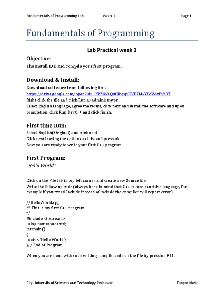 Fundamentals of Programming: Lab Practical Week 1 Objective | PDF | C++ ...