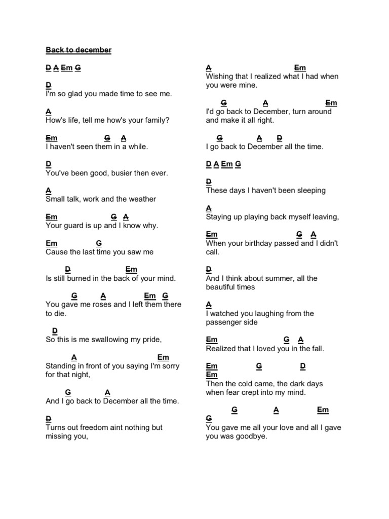 Back To December Chord Guitar PDF Leisure