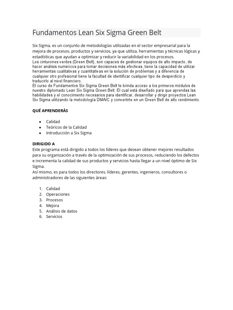 Fundamentos Lean Six Sigma Green Belt | PDF