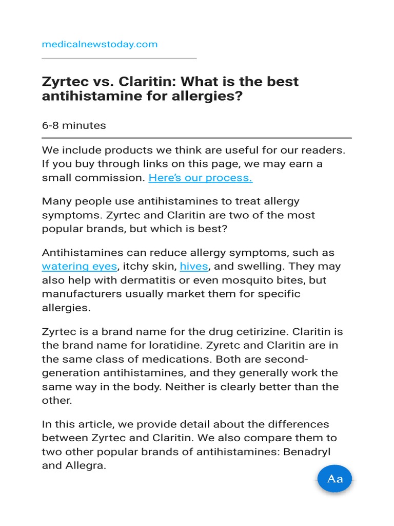 Zyrtec vs. Claritin What Is The Best Antihistamine For Allergies PDF