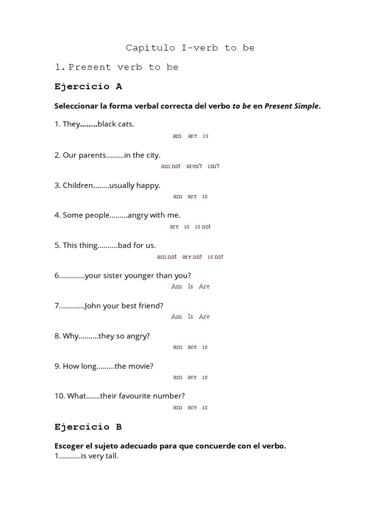 Ejercicio A: Capítulo I-Verb To Be 1. Present Verb To Be | PDF | Syntax ...