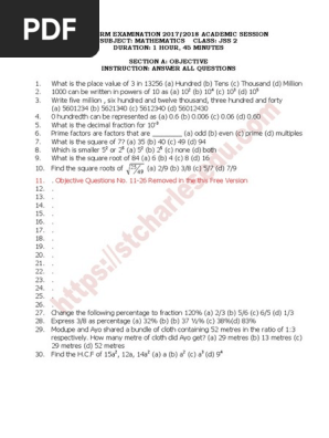 Mathematics Past Questions for Jss (2)