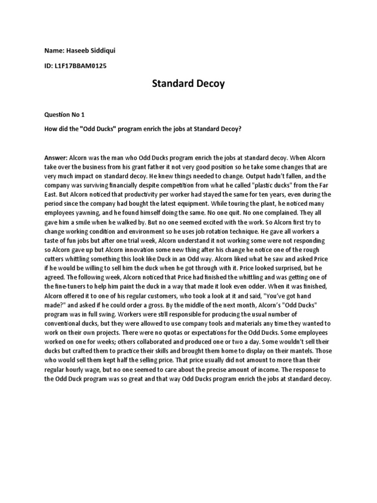 Standard Decoy. Case Study Solution PDF Employment Business