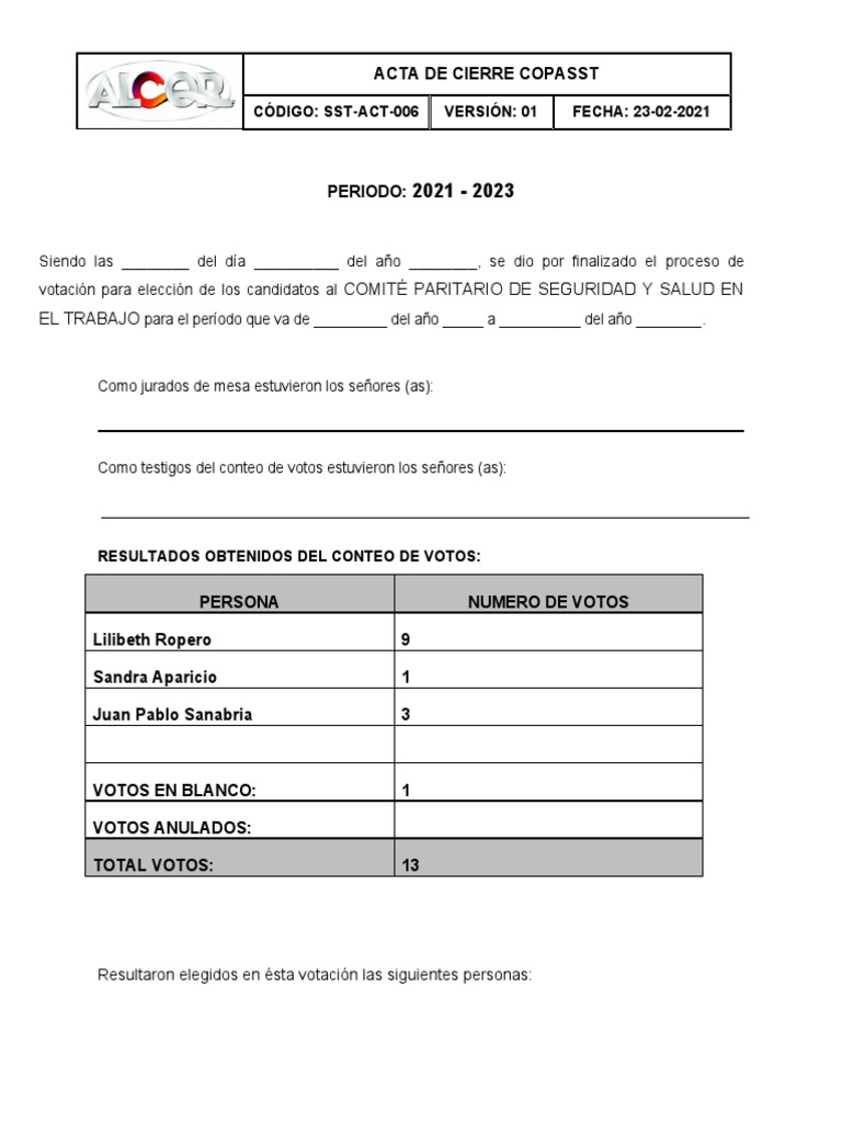 Acta de Cierre de Votaciones COPASST | PDF