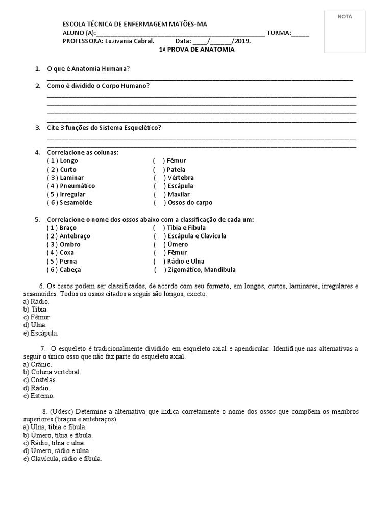 1 Prova De Anatomia Pdf Esqueleto Osso