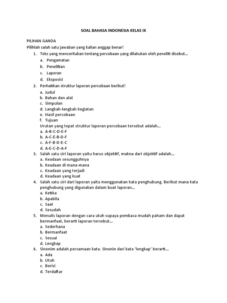 Soal Pilihan Ganda Bahasa Indonesia Kelas IX | PDF | Seni & Disiplin ...