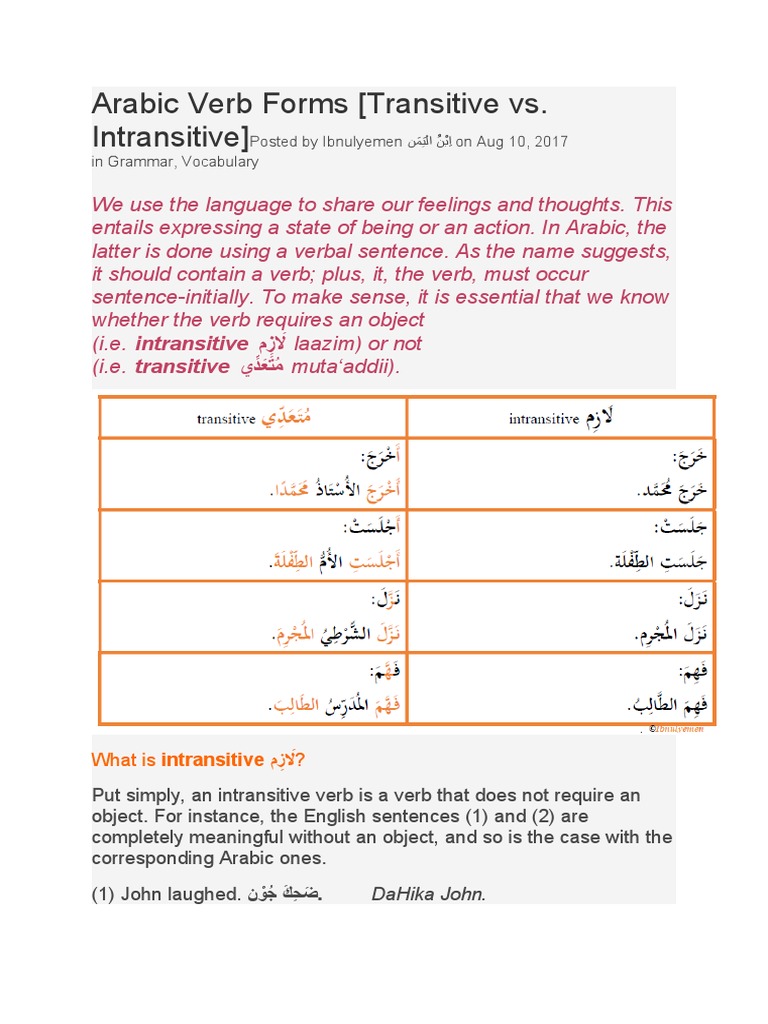 Arabic Verb Forms (Transitive vs. Intransitive) PDF Syntax Grammar
