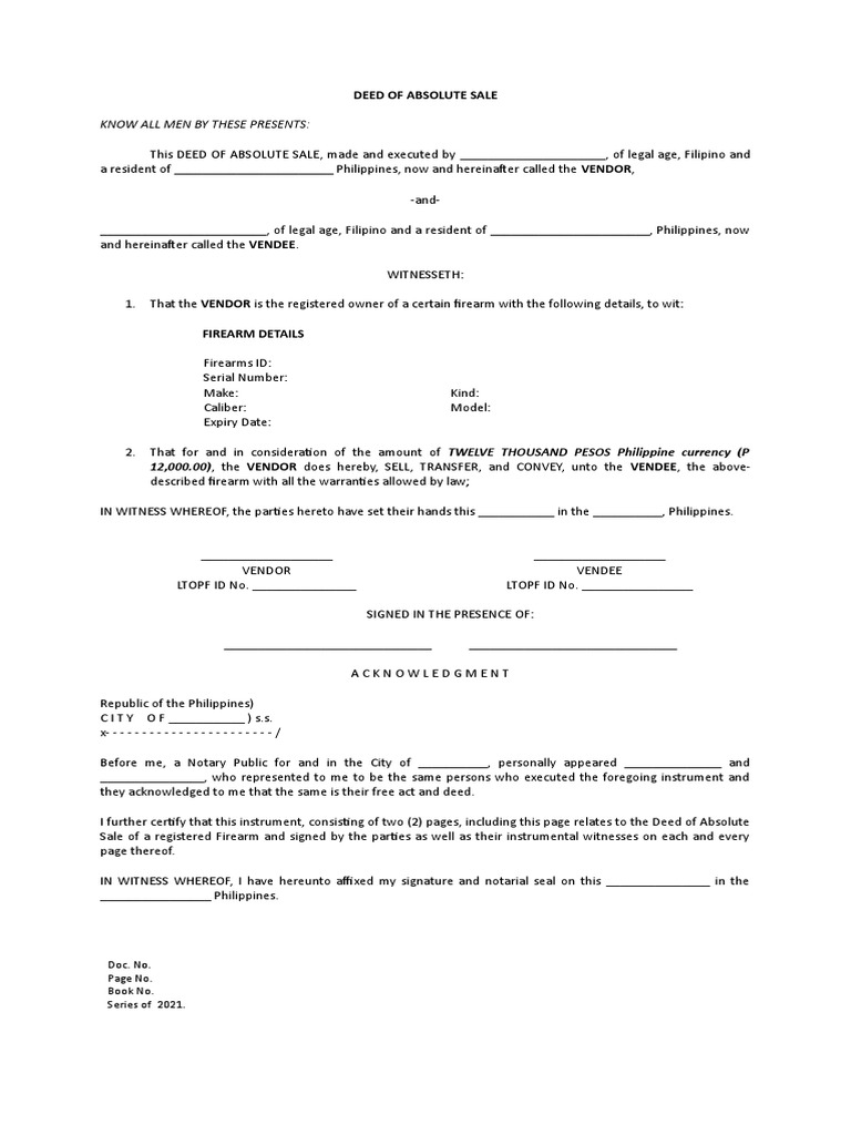 Sample Deed of Sale Firearm PDF Deed Civil Law (Legal System)