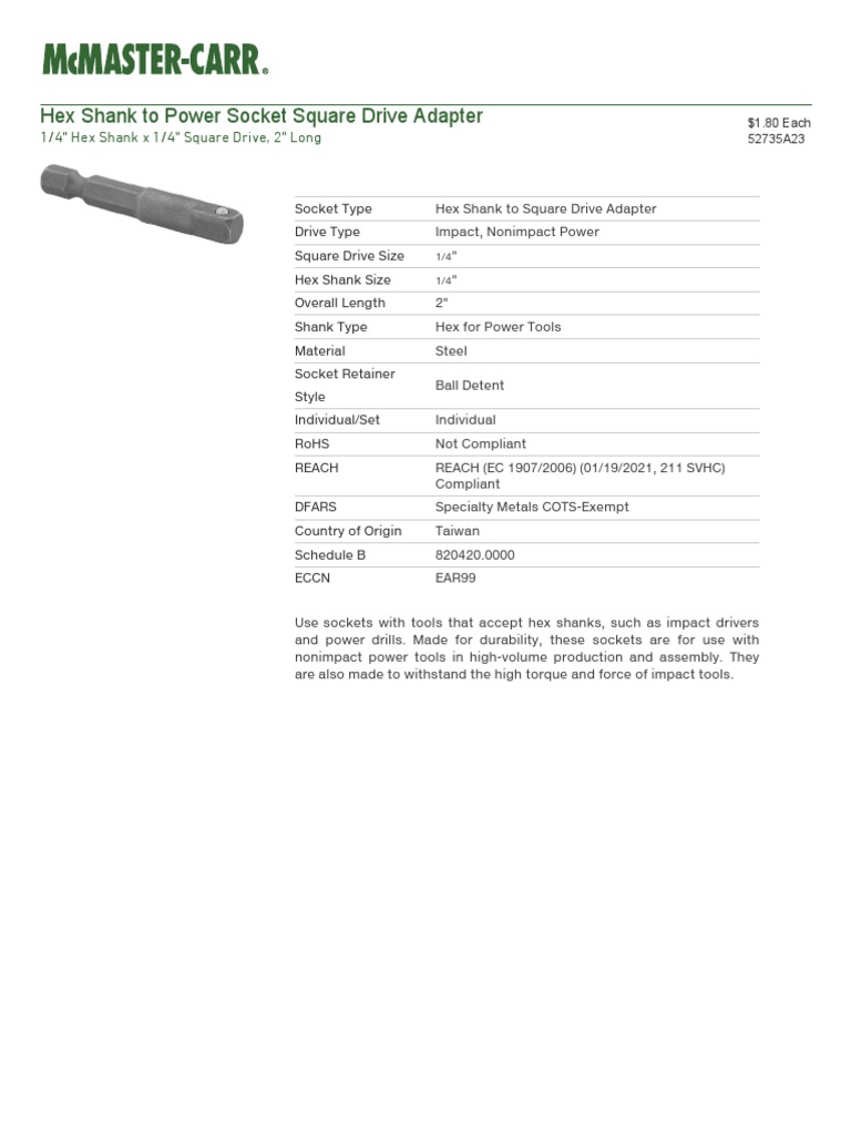 Hex Shank To Power Socket Square Drive Adapter, 1 4 Hex Shank X 1