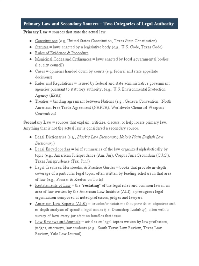 Primary Law and Secondary Sources Two Categories of Legal Authority PDF