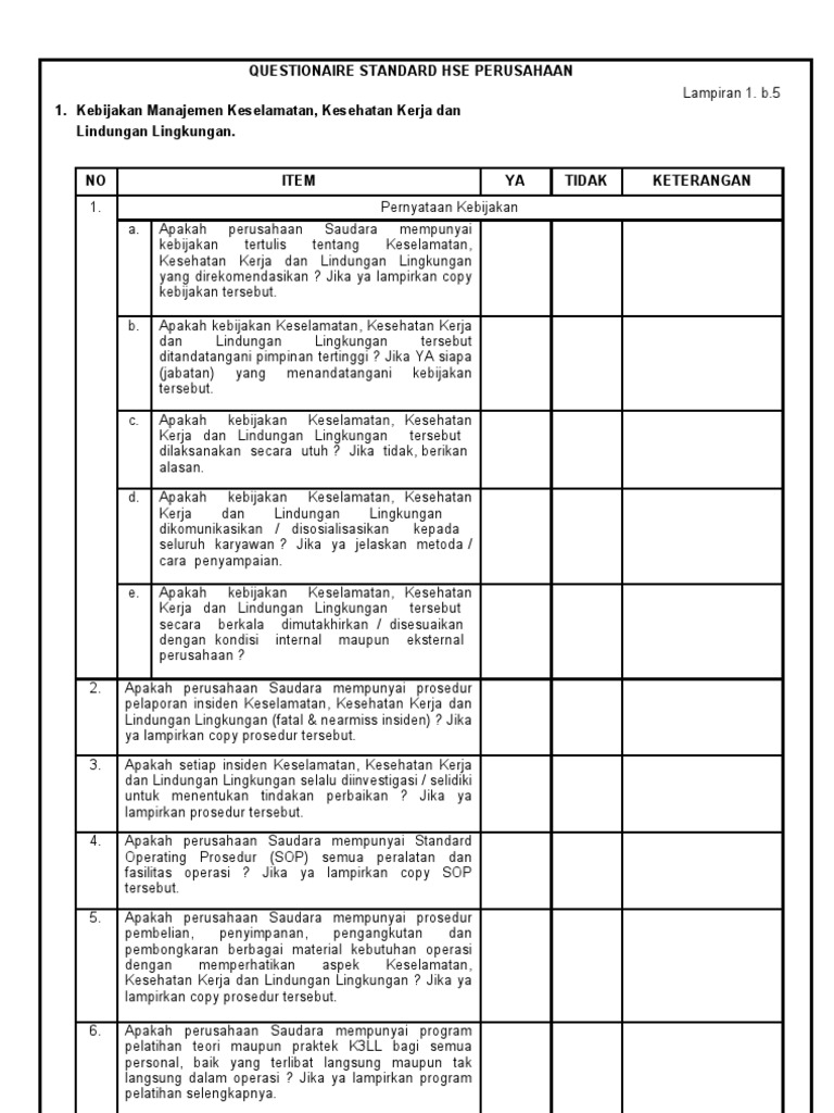Questionaire Standard Hse Perusahaan 1. Kebijakan Manajemen Keselamatan