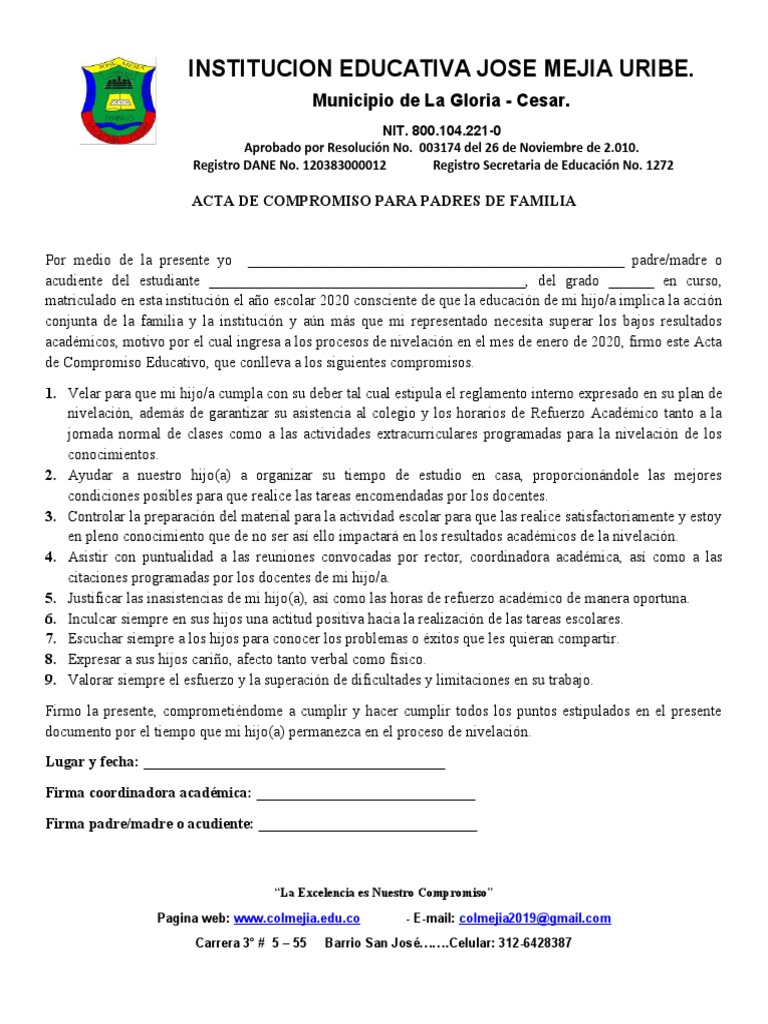 Acta de Compromiso para Padres de Familia | PDF | La naturaleza humana ...