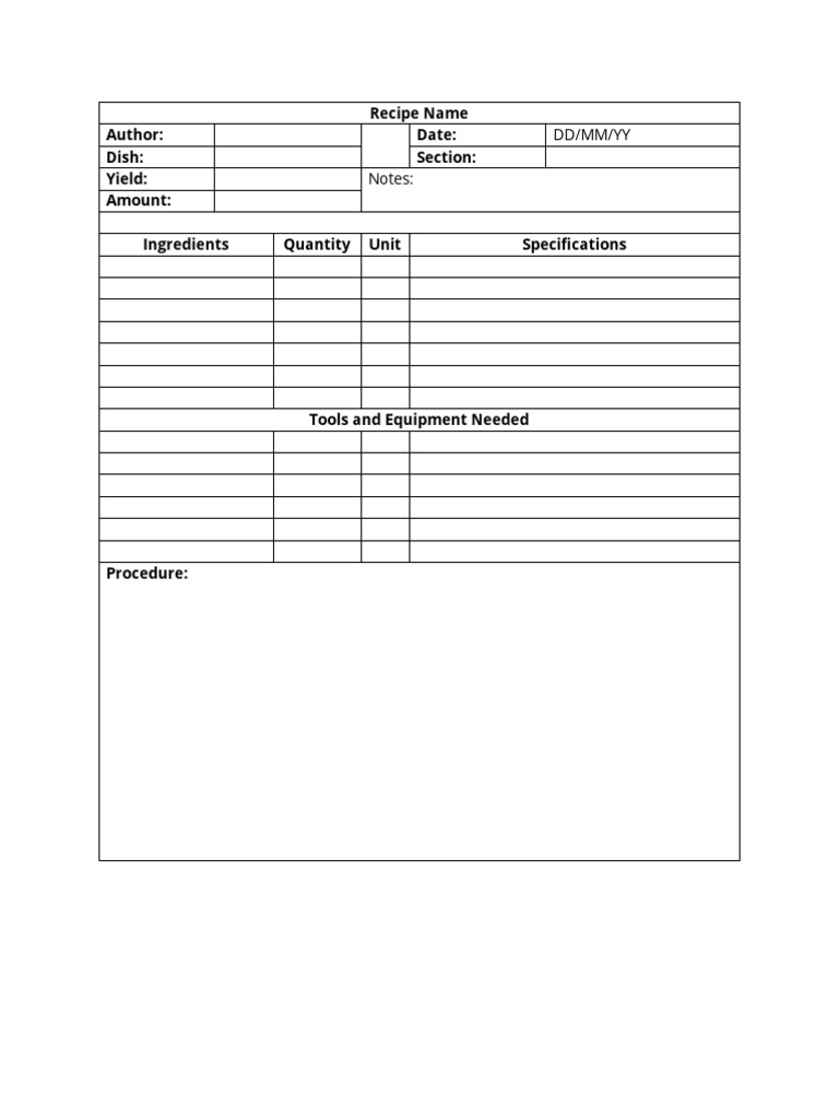 Standardized Recipe Format PDF