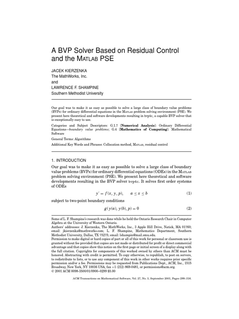 A BVP Solver Based On Residual Control | PDF | Equations | Matrix ...