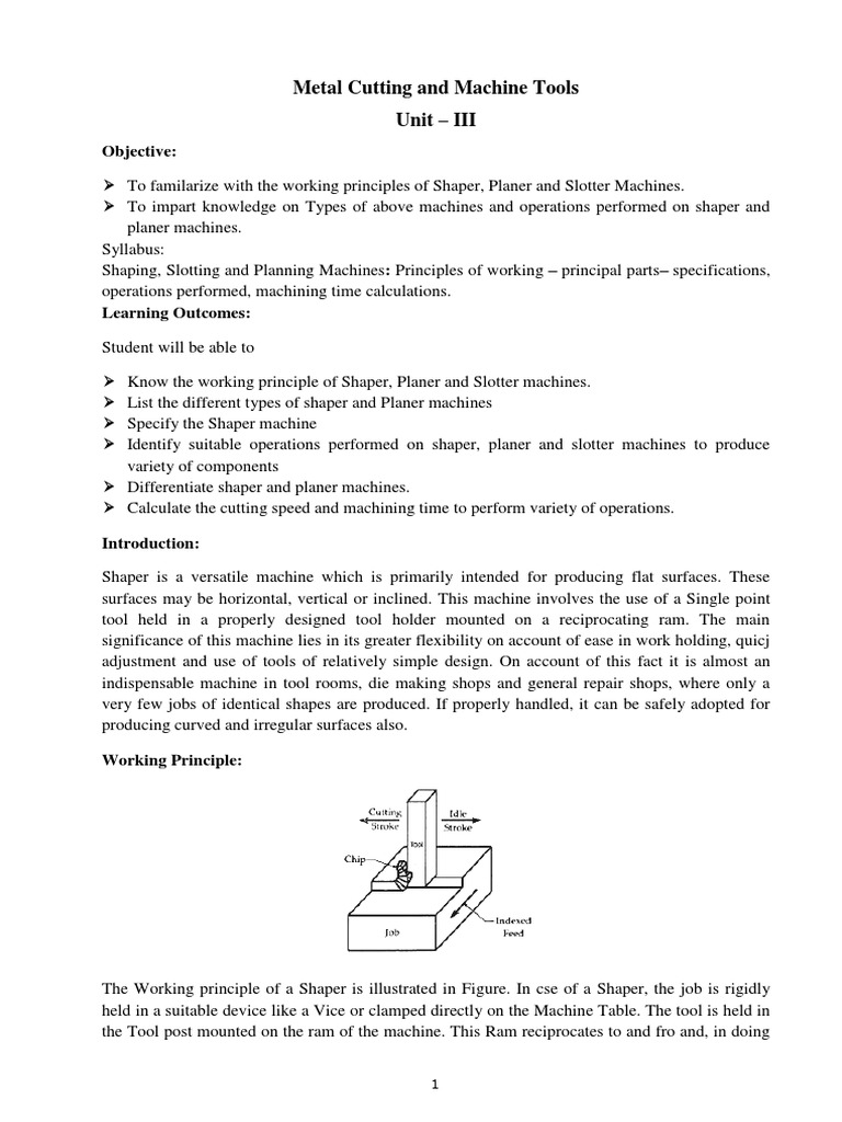Metal Cutting and Machine Tools Unit III Objective PDF Machining