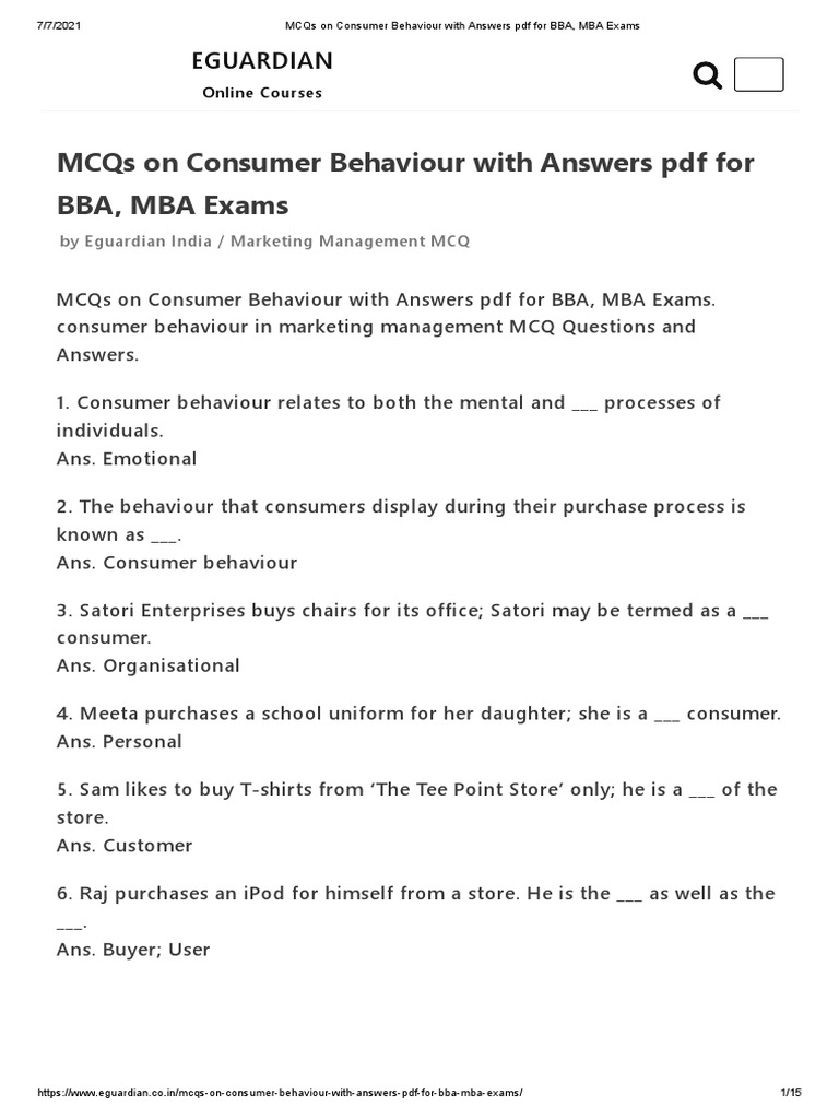Mcqs On Consumer Behaviour With Answers PDF For Bba, Mba Exams ...