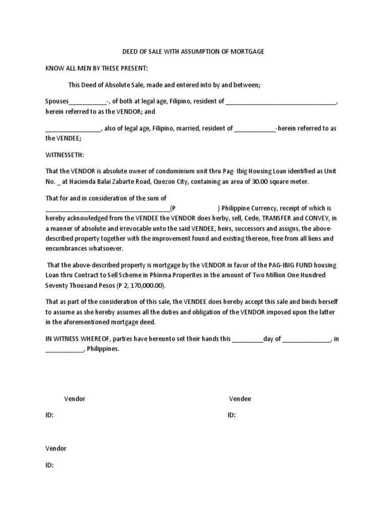 Deed of Sale With Assumption of Mortgage PDF Mortgage Law Deed