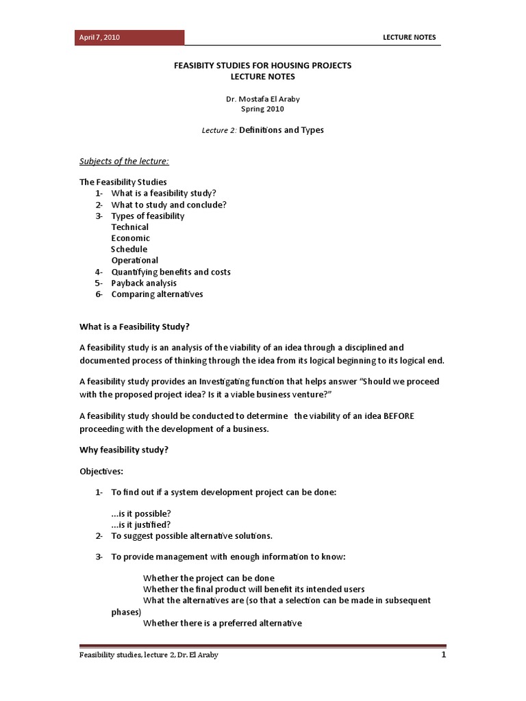Feasibity Studies For Housing Projects Lecture Notes Subjects of The