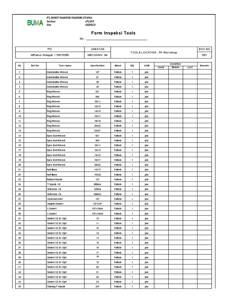 Inspection Checklist for Tools | PDF | Metalworking | Equipment