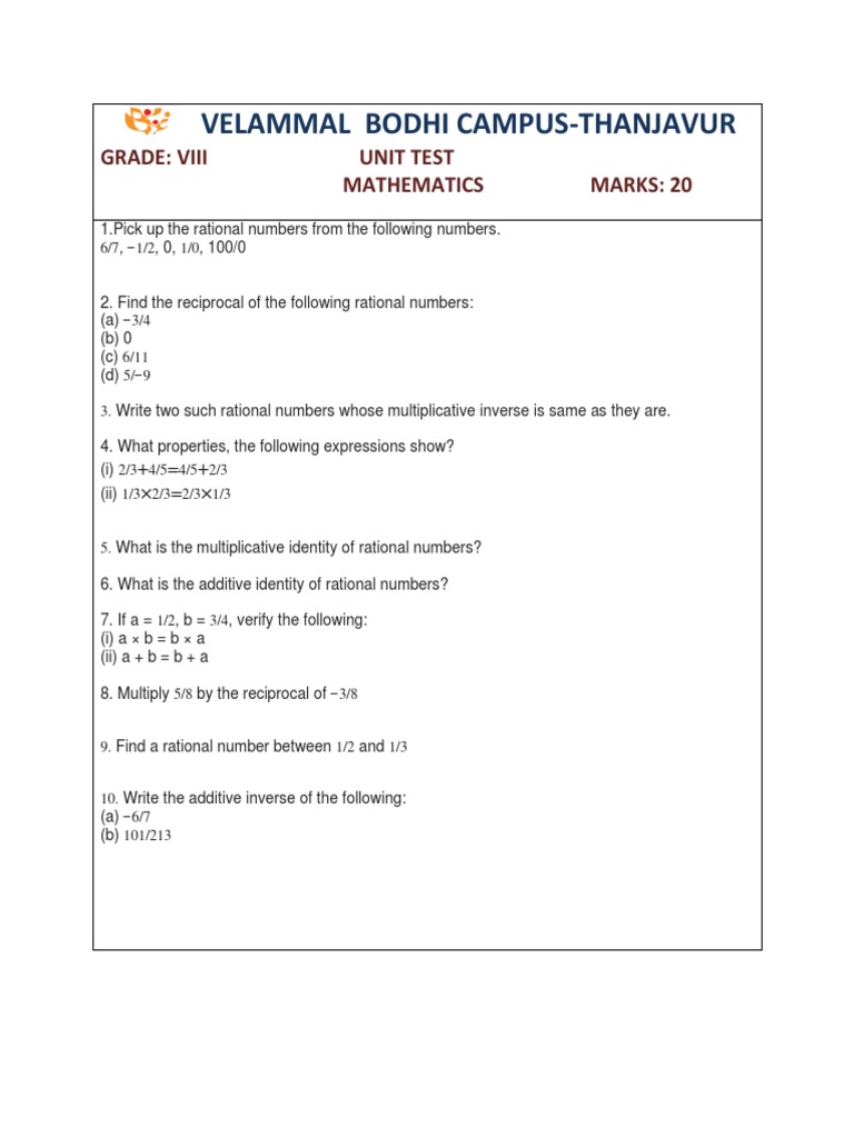 Class 8 Mathematics Unit Test Paper | PDF | Games & Activities ...