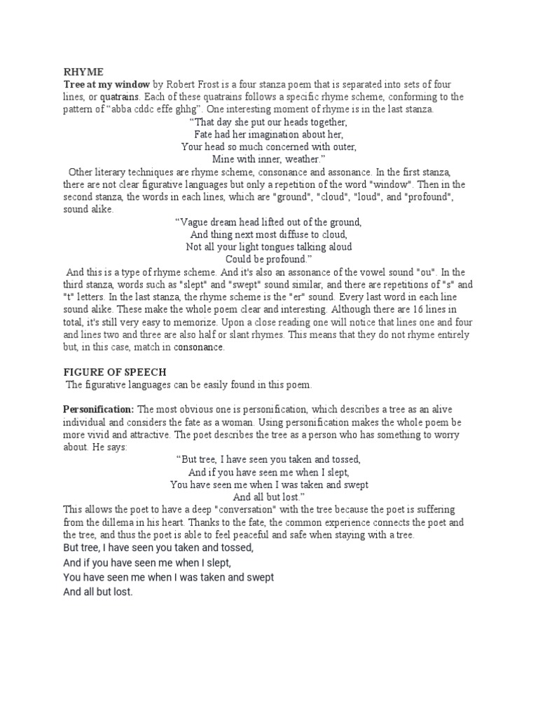 Quatrains. Rhyme Tree at My Window by Robert Frost Is A Four Stanza