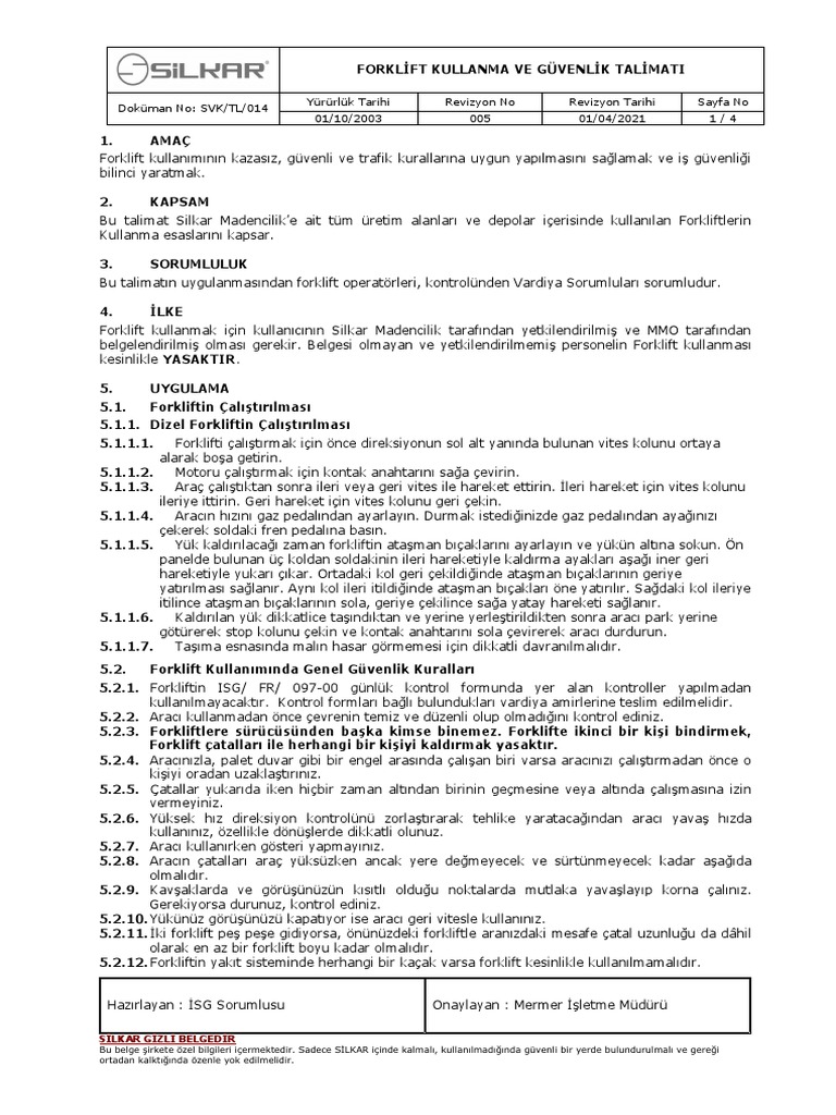 SVK TL.014 FORKLİFT KULLANMA TALİMATI Rev5 PDF