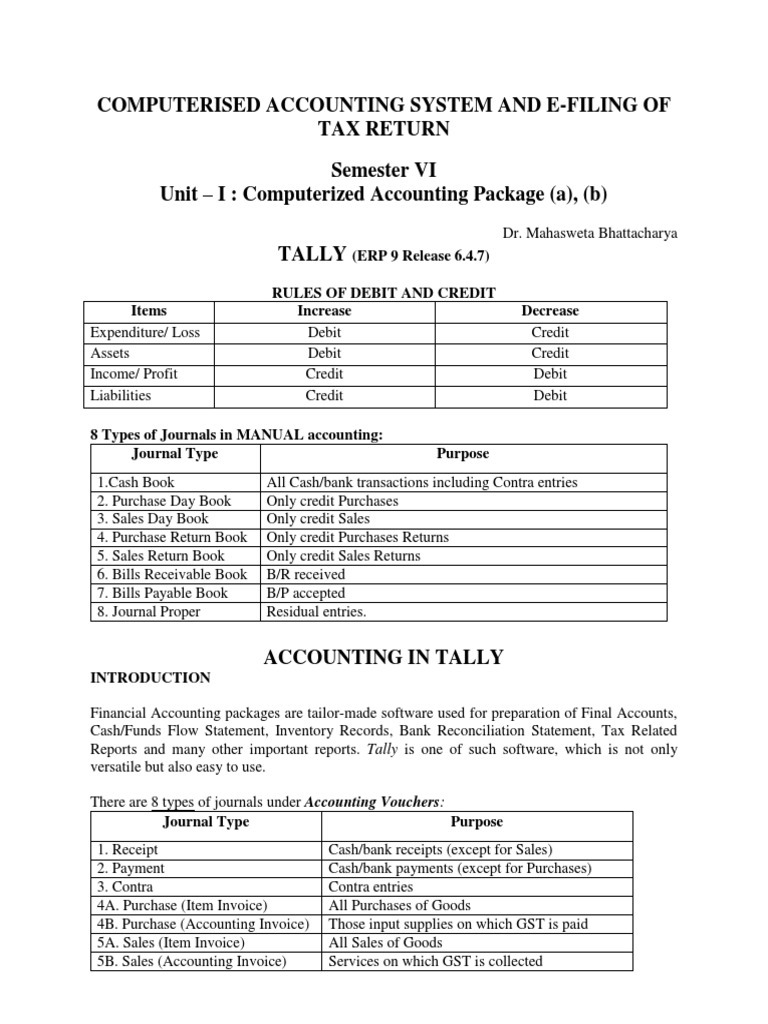 Computerised Accounting System and EFiling of Tax Return Semester VI