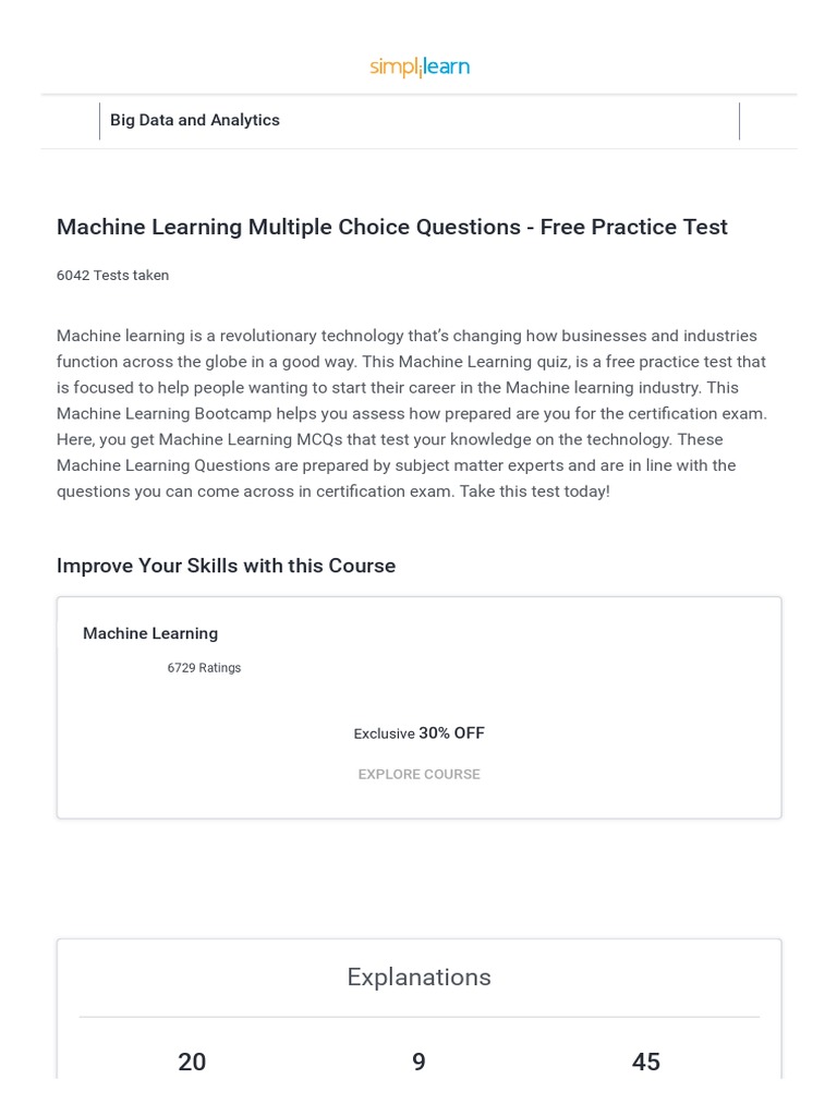 Machine Learning Multiple Choice Questions - Free Practice Test | PDF ...