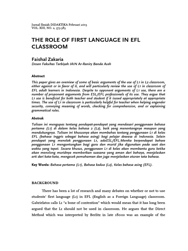 L1 Use in EFL Classrooms in Indonesia | PDF | Second Language | First ...