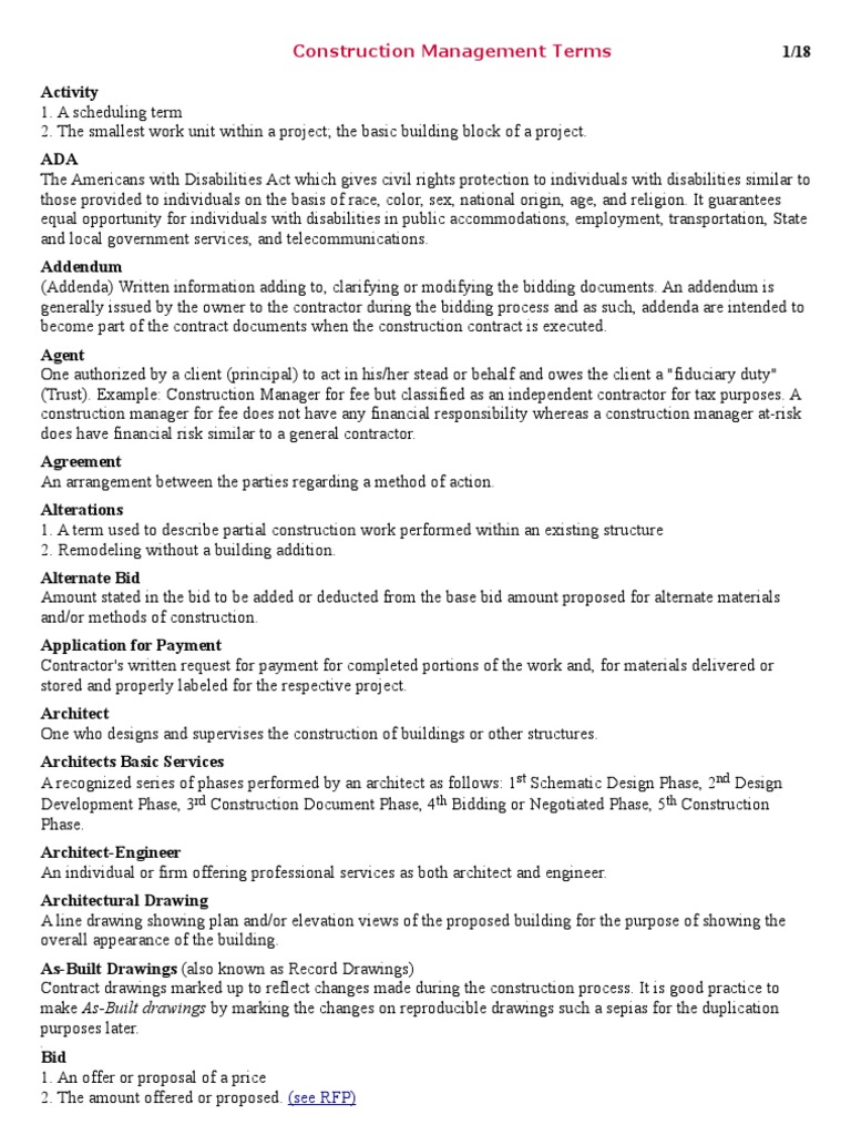Essential Construction Management Terms Pdf Construction Management