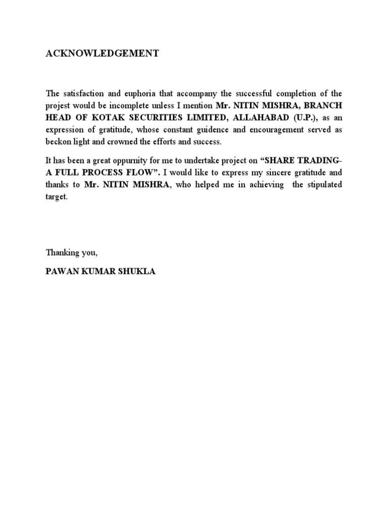 Acknowledgment for Share Trading Project | PDF
