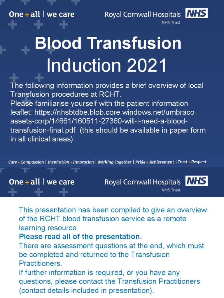 RCHT Blood Transfusion Induction Guide | PDF | Blood Transfusion | Bleeding