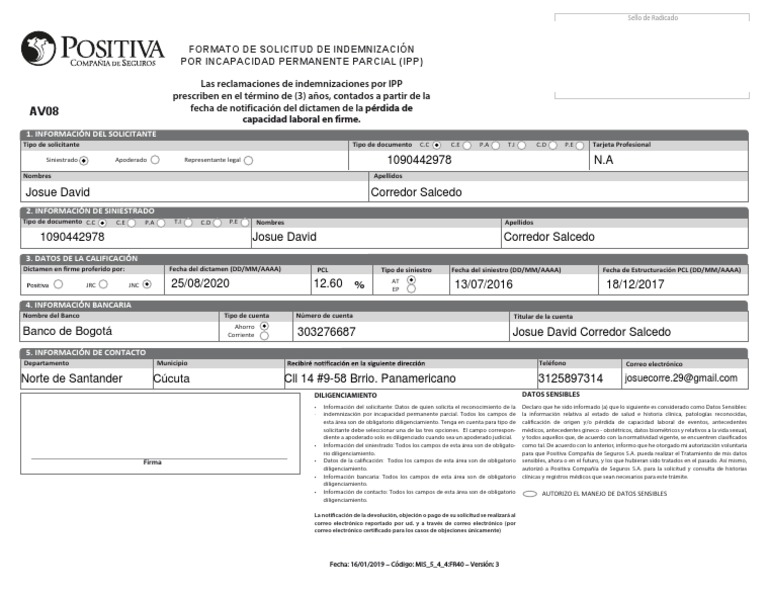 Fomularios Solicitud de Indemnización Por Incapacidad Permanente ...
