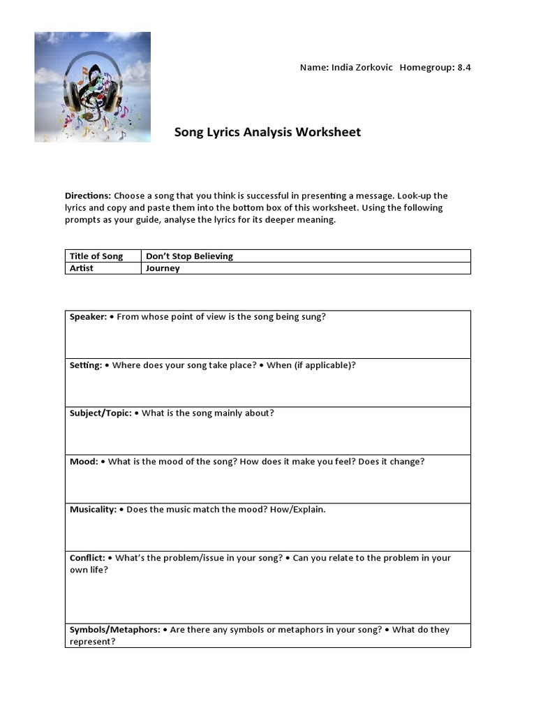 Song Lyrics Analysis Worksheet PDF Lyrics Entertainment (General)