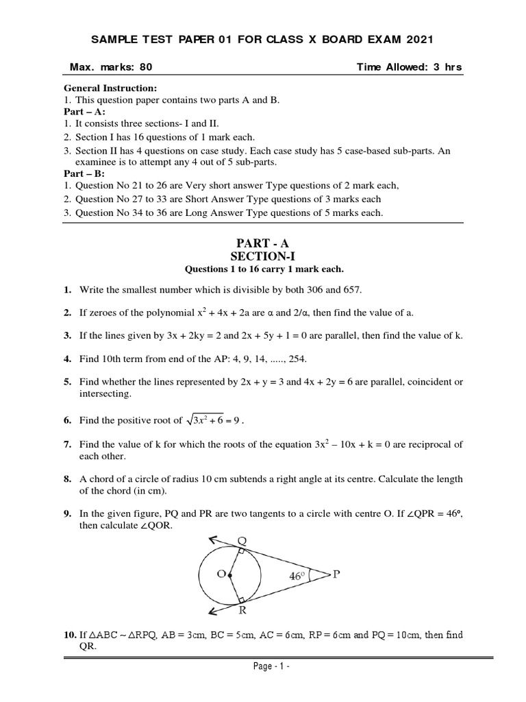 Sample Test Paper 01 For Class X Board Exam 2021 Part A SectionI PDF Polynomial Triangle