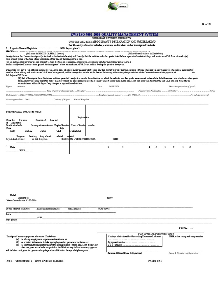Zimbabwe Immigrant Vehicle Declaration Form | PDF | Customs | Government