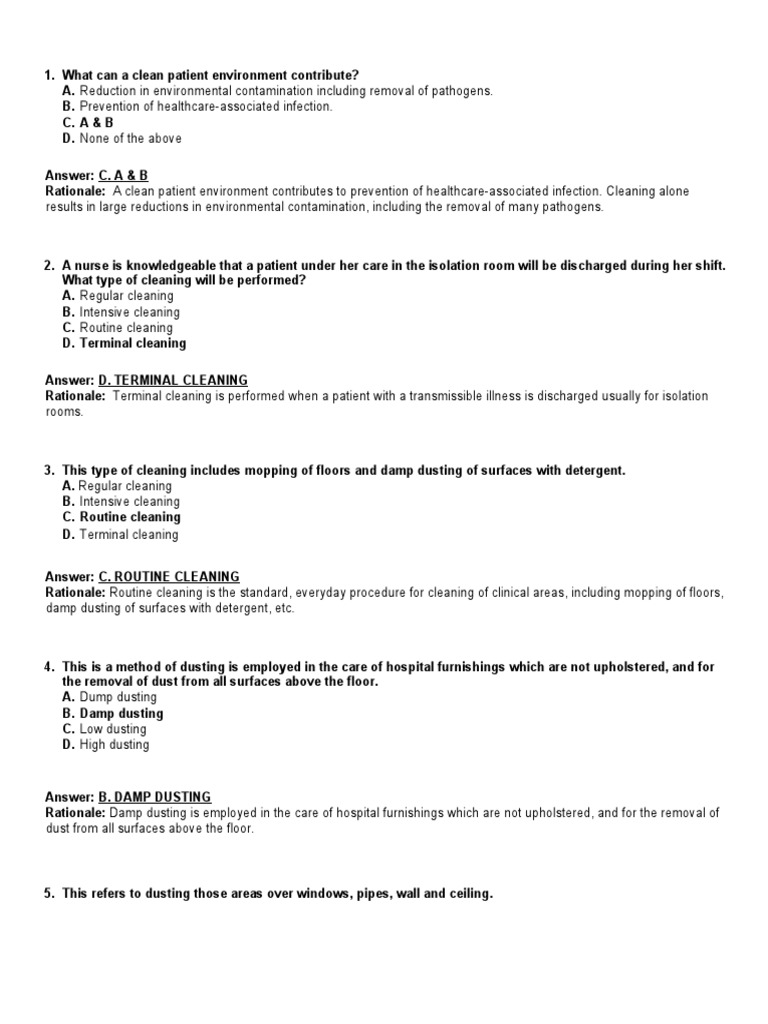 Environmental Cleaning (Quiz) PDF Hospital Acquired Infection