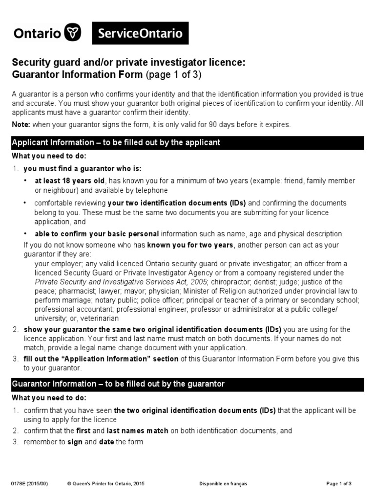 Security Guard And/or Private Investigator Licence Guarantor Information Form (Page 1 of 3) PDF