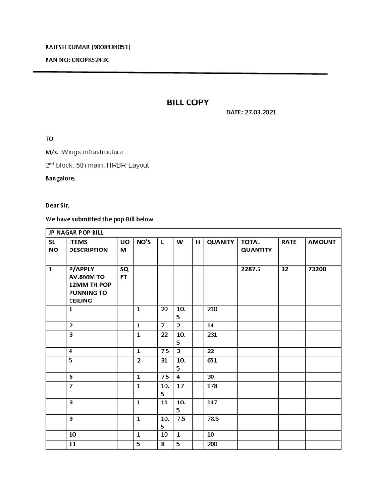 Bill Copy Wings Infrastructure 2 Block, 5th Main, HRBR Layout PDF