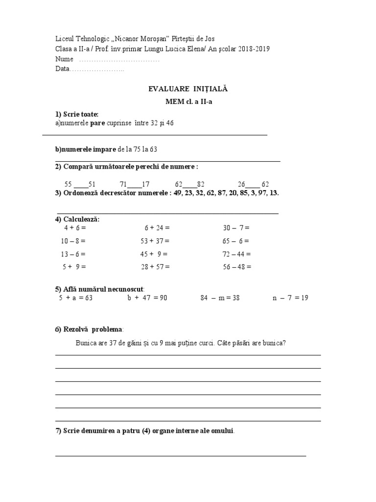 Test Initial Mem Cl.a Iia Interpretare | PDF