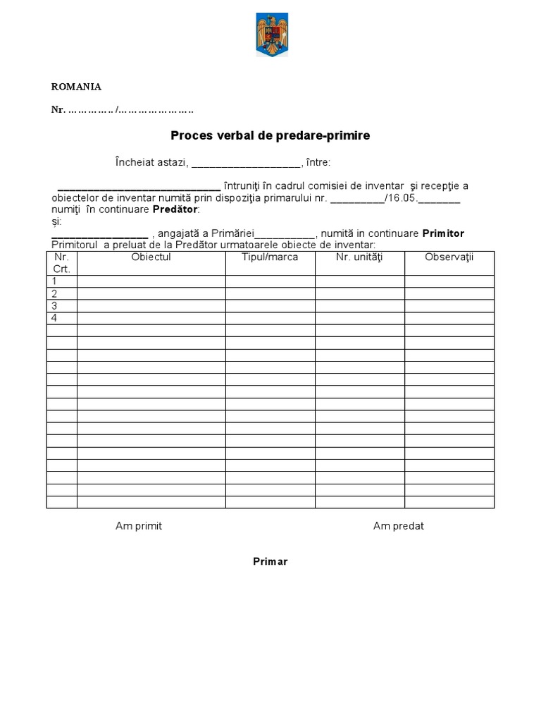 Proces-Verbal-Predare-Primire Obecte Inventar | PDF