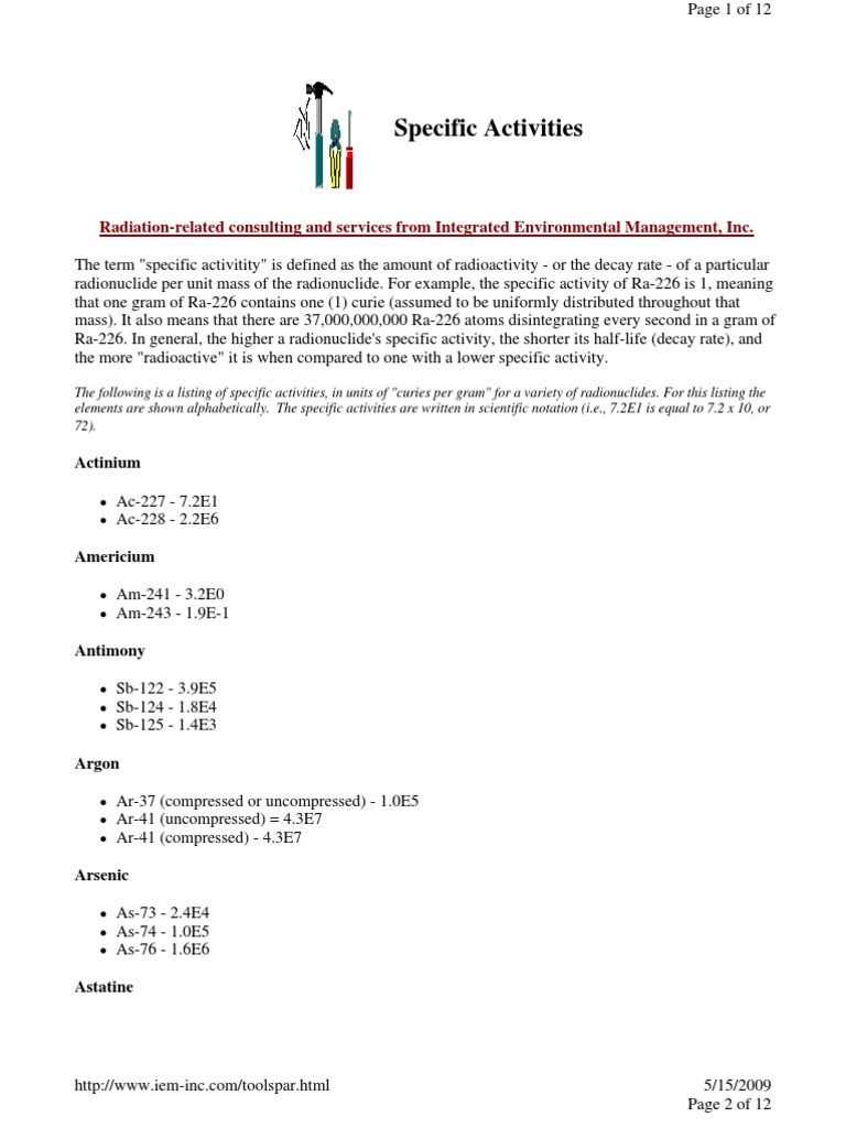 Radionuclide Specific Activities Guide | PDF | Radioactive Decay ...