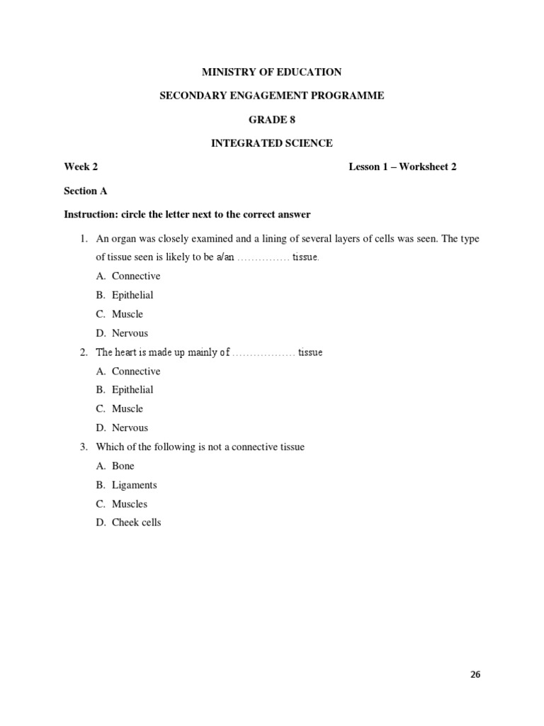 Grade 8 Integrated Science Worksheet 2 | PDF | Tissue (Biology) | Leaf